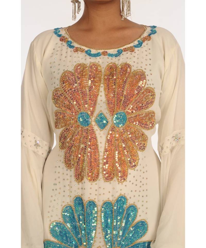 Cream Georgette Embroidered Zari_Work Islamic-Kaftans