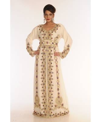 Cream Georgette Embroidered Zari_Work Islamic-Kaftans 1