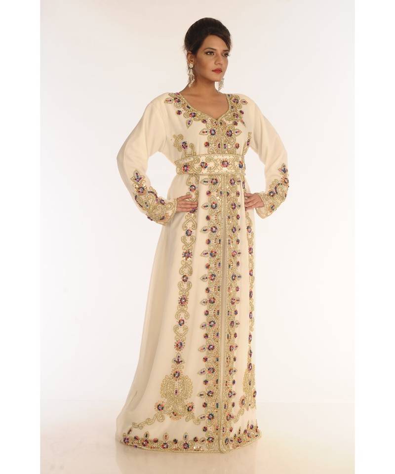 Cream Georgette Embroidered Zari_Work Islamic-Kaftans