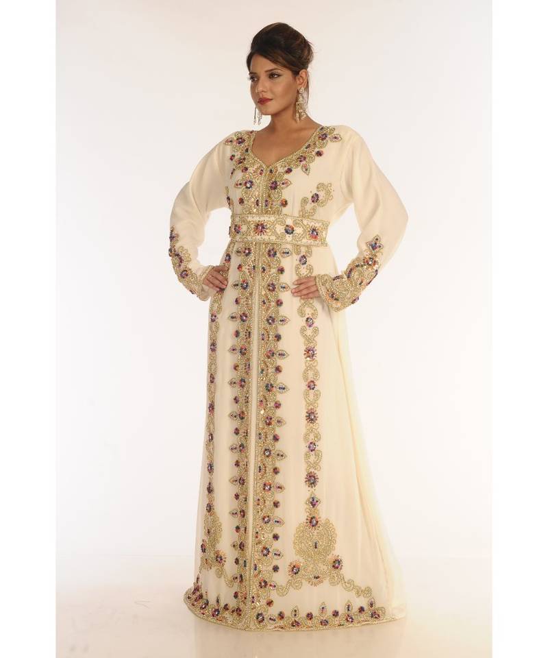 Cream Georgette Embroidered Zari_Work Islamic-Kaftans