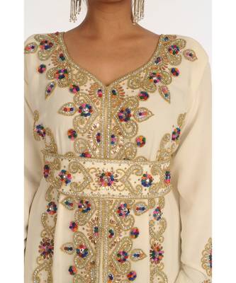 Cream Georgette Embroidered Zari_Work Islamic-Kaftans 4