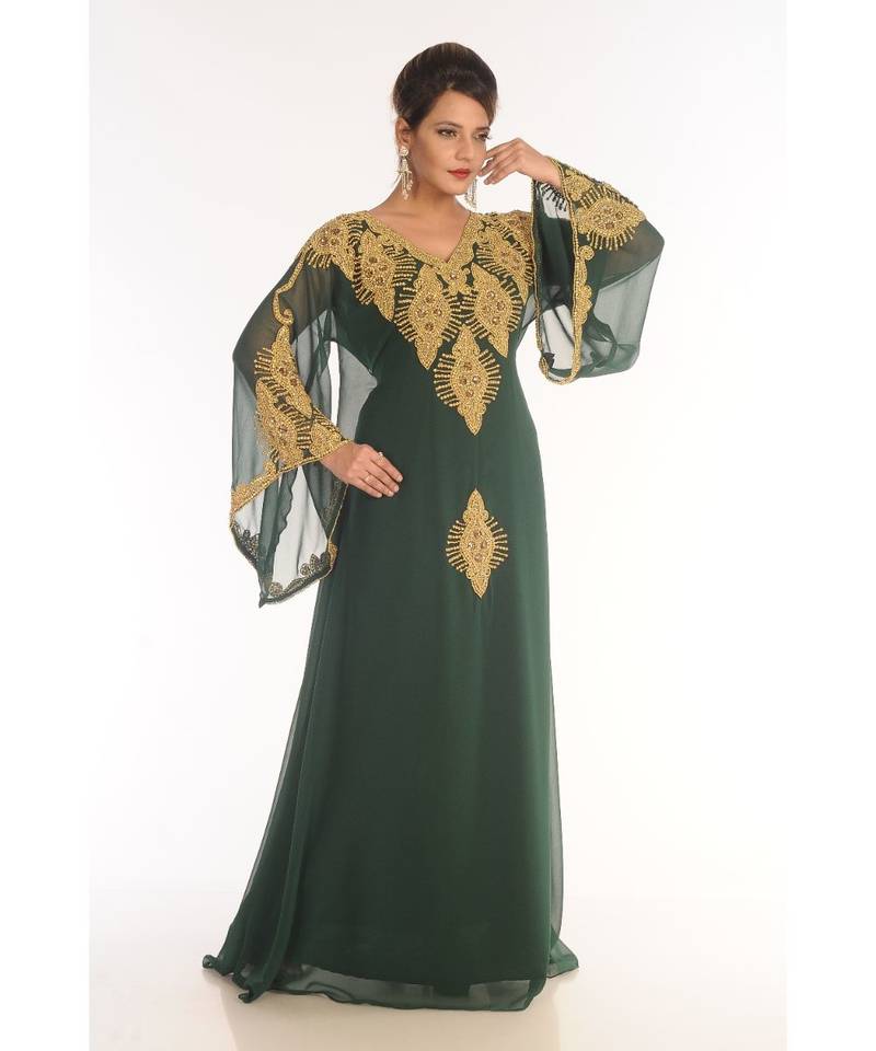 Green Georgette Embroidered Zari_Work Islamic-Kaftans