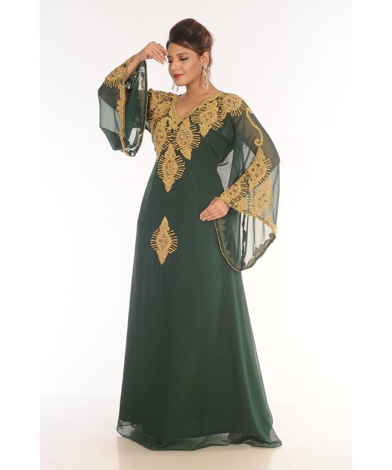 Green Georgette Embroidered Zari_Work Islamic-Kaftans