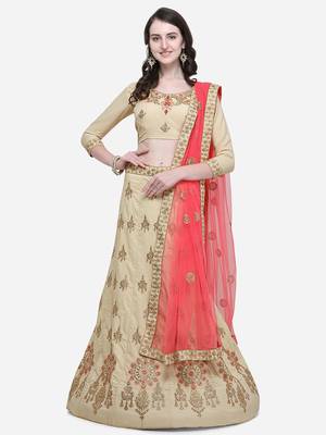 Beige Embroidered Satin Semi Stitched Lehenga 1