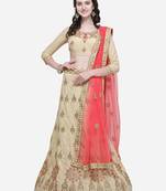 Beige Embroidered Satin Semi Stitched Lehenga