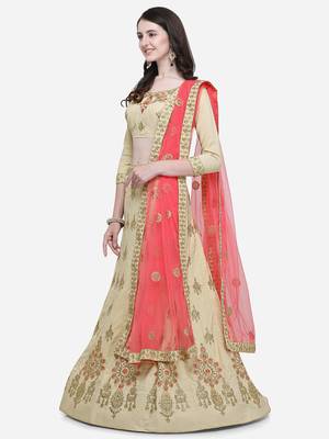 Beige Embroidered Satin Semi Stitched Lehenga 2