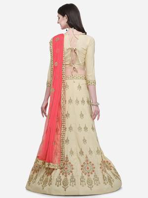 Beige Embroidered Satin Semi Stitched Lehenga 3