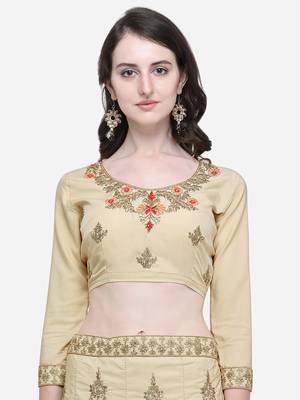 Beige Embroidered Satin Semi Stitched Lehenga 4