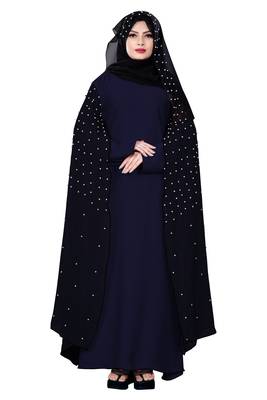 Justkartit Metallic Blue Color Nida + Chiffon Abaya Burka With Pearl Work 1