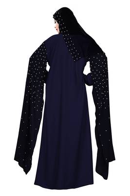 Justkartit Metallic Blue Color Nida + Chiffon Abaya Burka With Pearl Work 2