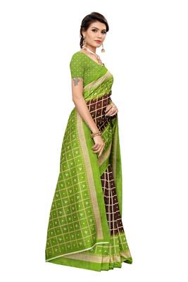 Brown printed art silk saree with blouse 3