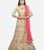 Beige Embroidered Satin Semi Stitched Lehenga