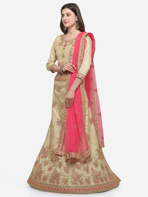 Beige Embroidered Satin Semi Stitched Lehenga 2