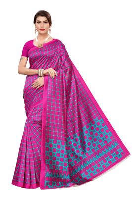 Pink printed art silk saree with blouse 1