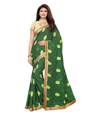 Green printed georgette saree with blouse 1