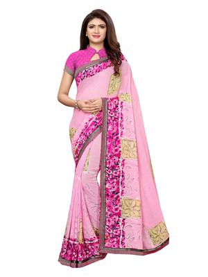 Pink printed georgette saree with blouse 1