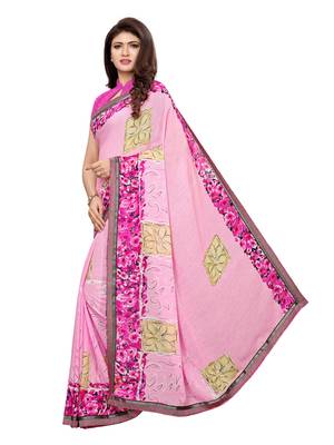 Pink printed georgette saree with blouse 2