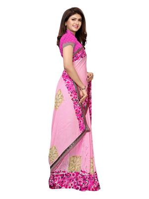 Pink printed georgette saree with blouse 3