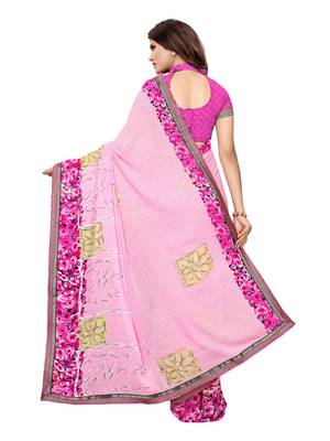 Pink printed georgette saree with blouse 4