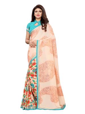 Peach printed georgette saree with blouse 1