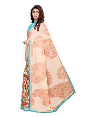Peach printed georgette saree with blouse 2