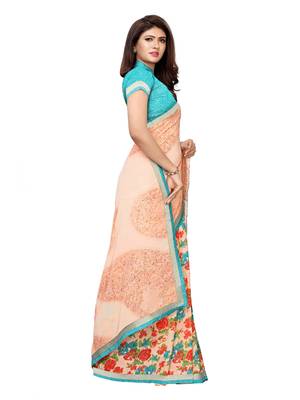 Peach printed georgette saree with blouse 3