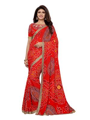 Red printed georgette saree with blouse 1