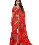 Red printed georgette saree with blouse
