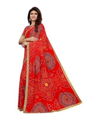 Red printed georgette saree with blouse 2