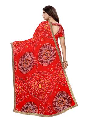 Red printed georgette saree with blouse 4