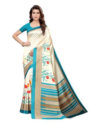 Beige Printed Poly Silk Saree With Blouse 1