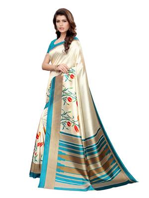 Beige Printed Poly Silk Saree With Blouse 2