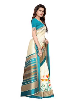 Beige Printed Poly Silk Saree With Blouse 3