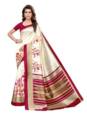 Beige Printed Poly Silk Saree With Blouse 1