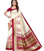 Beige Printed Poly Silk Saree With Blouse