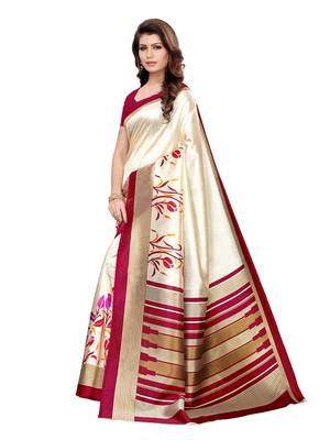 Beige Printed Poly Silk Saree With Blouse 2