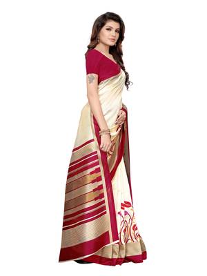 Beige Printed Poly Silk Saree With Blouse 3