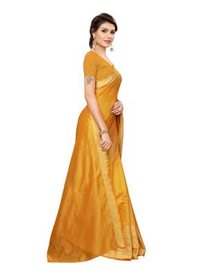 Yellow woven poly silk saree with blouse 3