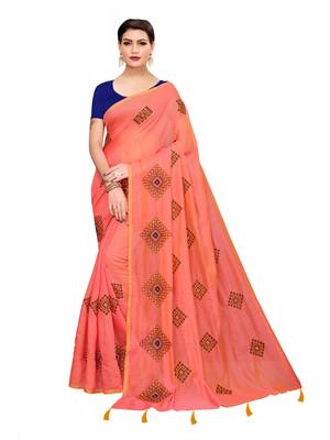 Peach embroidered chanderi saree with blouse 1