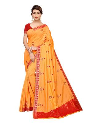 Orange embroidered poly silk saree with blouse 1
