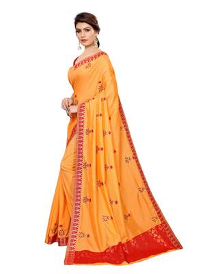 Orange embroidered poly silk saree with blouse 2