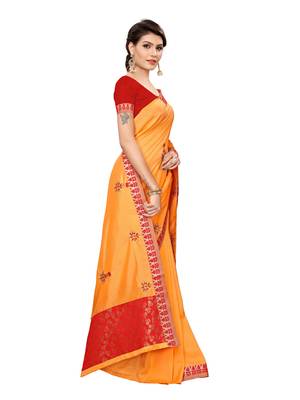 Orange embroidered poly silk saree with blouse 3