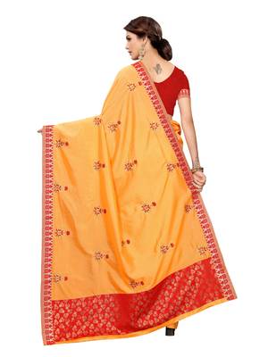 Orange embroidered poly silk saree with blouse 4