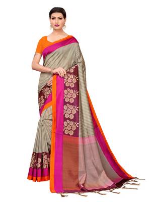 Grey printed poly silk saree with blouse 1