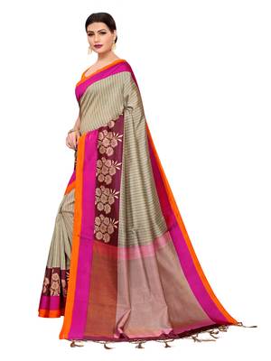 Grey printed poly silk saree with blouse 2
