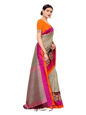 Grey printed poly silk saree with blouse 3