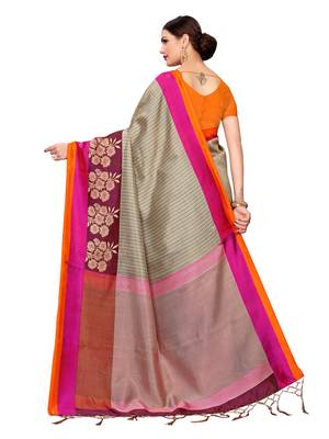 Grey printed poly silk saree with blouse 4