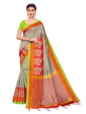 Grey printed poly silk saree with blouse 1