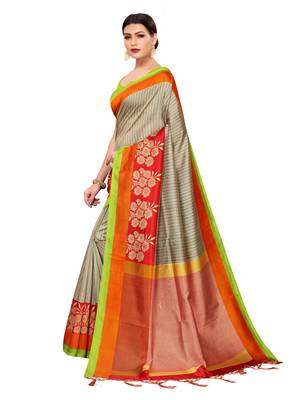 Grey printed poly silk saree with blouse 2