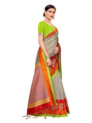 Grey printed poly silk saree with blouse 3